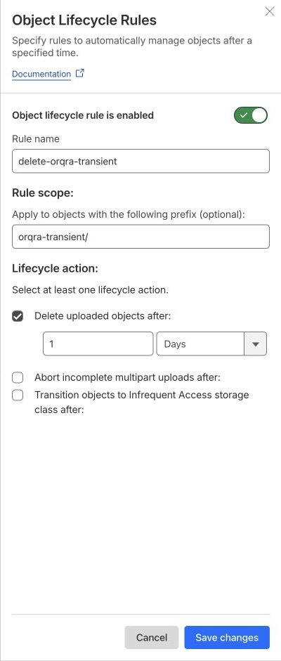 The unsaved English lifecycle form: Rule name is delete-orqra-transient; Apply to objects with the following prefix (optional): is orqra-transient/. Select deletion after 1 Days and turn on Object lifecycle rule is enabled.