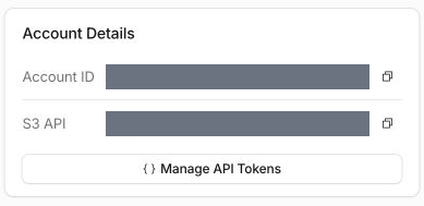 Find S3 API in the Account Details card and choose the copy icon on the right of that row. The account address is hidden in this screenshot. Paste the copied address unchanged into Endpoint and enter the bucket name separately in Bucket.