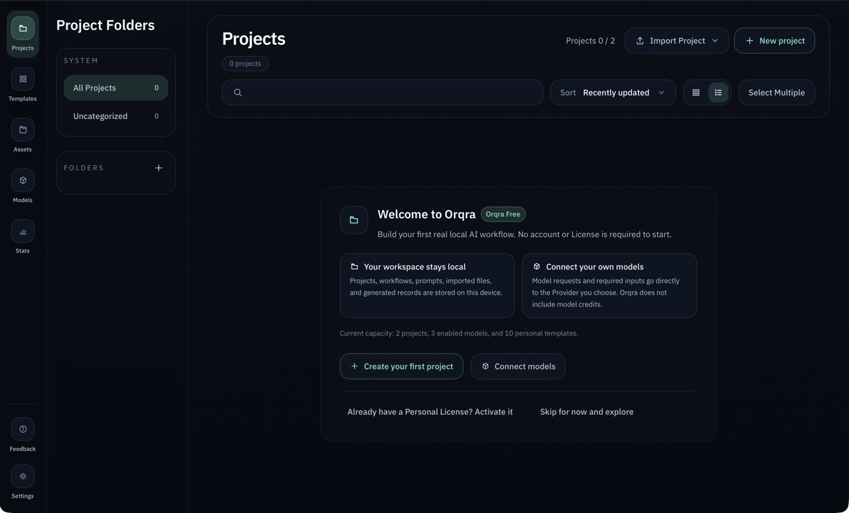 Espacio nuevo de Orqra Free que explica datos locales, conexión BYOK y capacidad